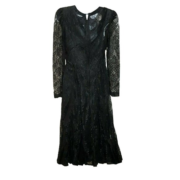 Vintage Lace Dress 10P Beaded Black Lined Zip Gothic Wedding Goth Tea Length - Picture 9 of 11